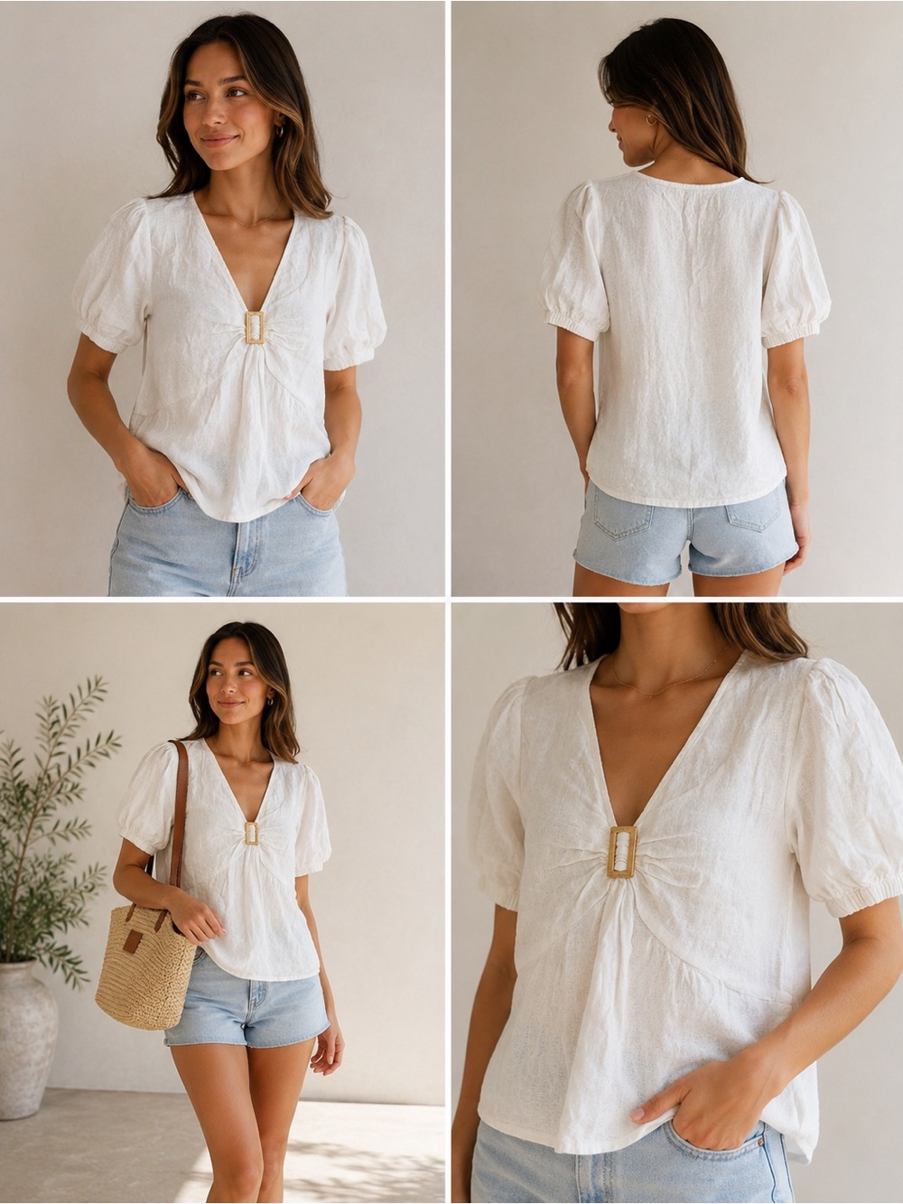 Michael Michael Kors Linen Blend V-Neck Puff Sleeve Top with Decorative Buckle
